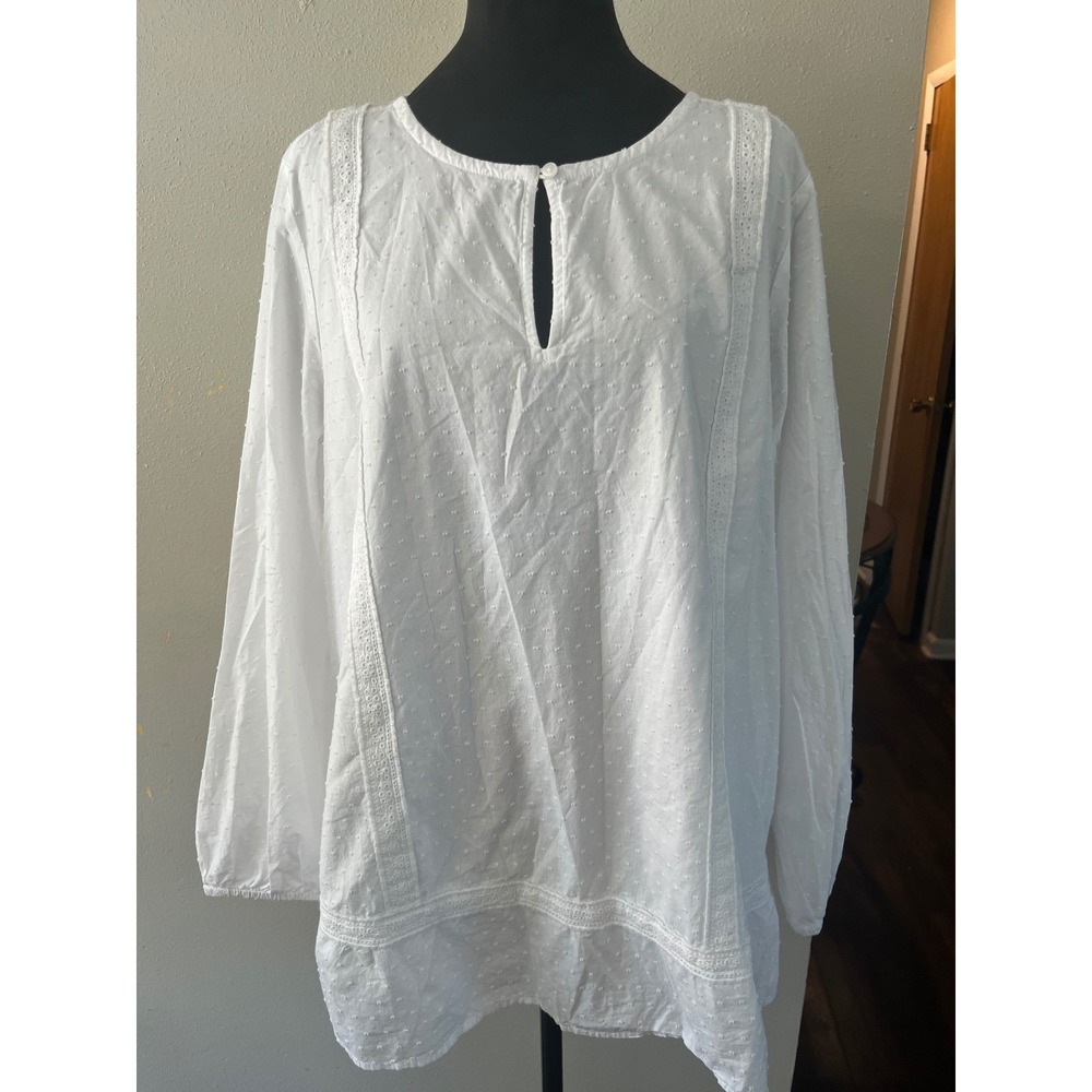 LANDS END Blouse Swiss Dot Lace Trim Womens L White Cotton Tunic Minimalist